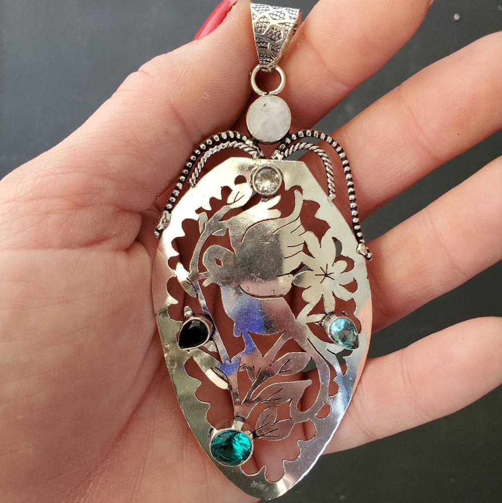 New Huge Multi Gemstone 925 Silver Dove Pendant.